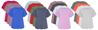 Collection of plain t-shirts in various colors arranged in a row on a white background.