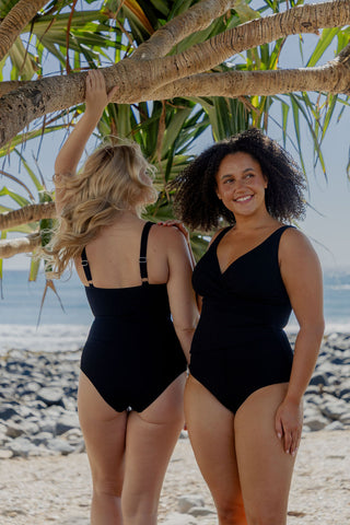Burleigh Core Support One Piece Swim in Black Texture, back view on model beside a second model in front view