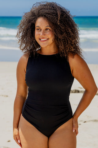 Coogee Core Support One Piece Swim in Black Texture, front view on model showing the high neckline
