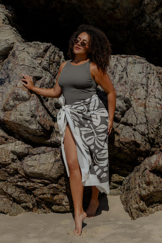 Coogee Core Support One Piece Swim in Khaki Texture, front view on model styled with a sarong