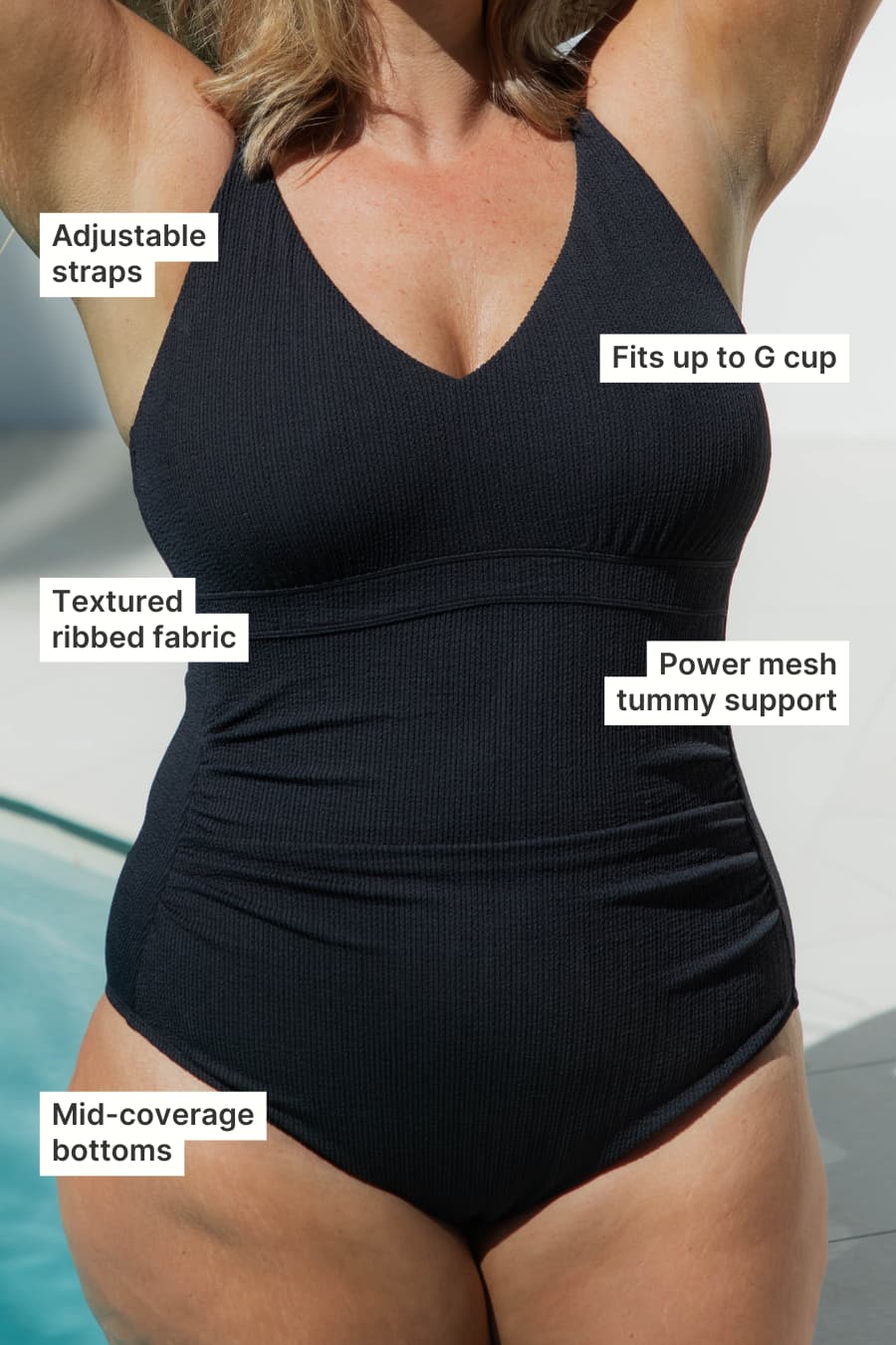 Coolum Core Support One Piece Swim in Black Texture, callouts: adjustable straps, fits up to G cup, ribbed fabric, power mesh tummy support, mid coverage.