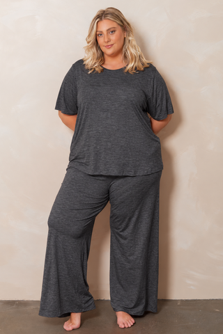 Classic Bamboo T-Shirt in Dark Grey Marle, full length front view on model styled with matching wide leg pants.