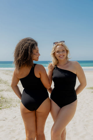 Esperance Core Support One Piece Swim in Black Texture, two models smiling together at the beach.