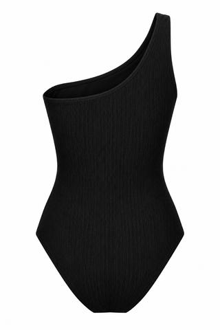 Esperance Core Support One Piece Swim in Black Texture, side flat lay showing the one shoulder strap.