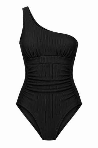 Esperance Core Support One Piece Swim in Black Texture, front flat lay showing the one shoulder neckline.