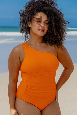 Esperance Core Support One Piece Swim in Orange Pop Texture, front view on model showing the ruching