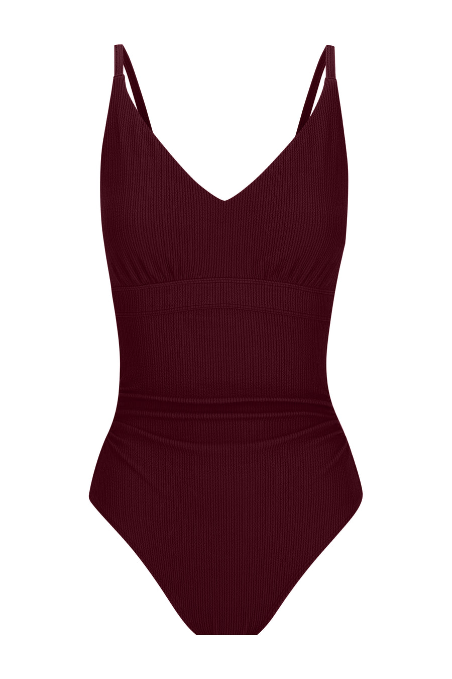 Coolum Core Support One Piece Swim in Dark Cherry Texture, flat lay front view showing the V neckline.