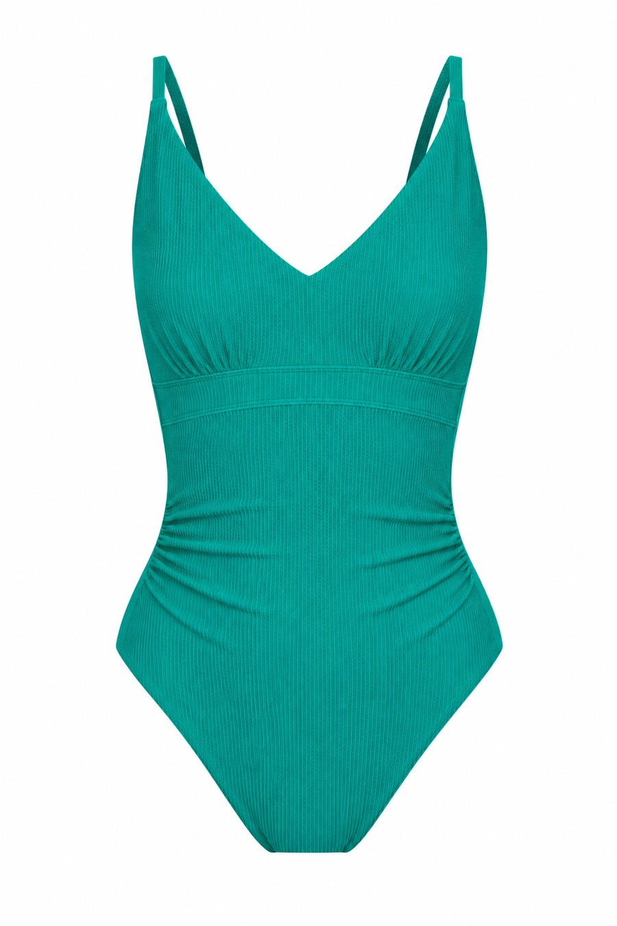 Coolum Core Support One Piece Swim in Emerald Texture, flat lay front view showing the V neckline.