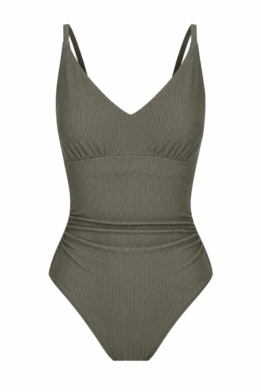Coolum Core Support One Piece Swim in Khaki Texture, front flat lay showing V neckline and ruched waist.