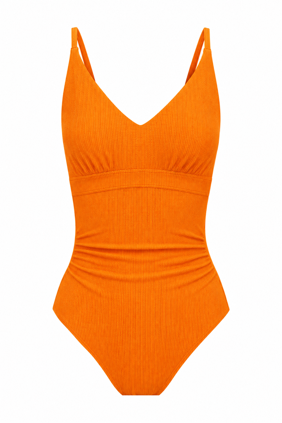 Coolum Core Support One Piece Swim in Orange Pop Texture, front flat lay showing ruched waist detail.