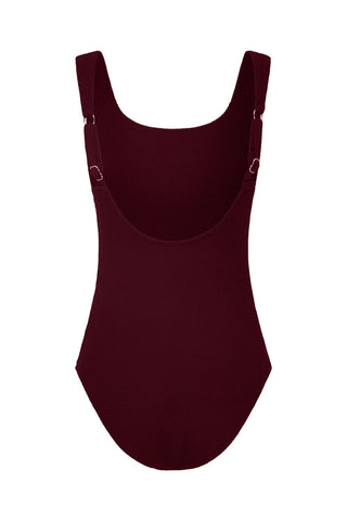 Sorrento Core Support One Piece Swim in Dark Cherry Texture, flat lay back view showing the adjustable straps