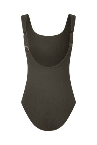 Sorrento Core Support One Piece Swim in Khaki Texture, flat lay back view showing the adjustable straps