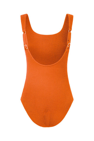 Sorrento Core Support One Piece Swim in Orange Pop Texture, flat lay back view showing the adjustable straps