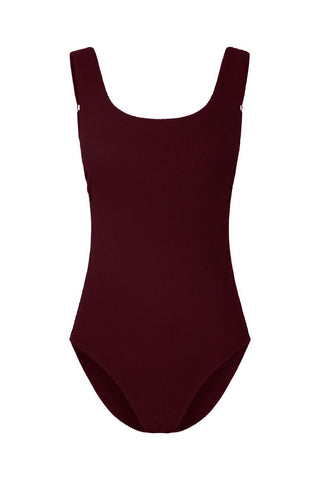 Sorrento Core Support One Piece Swim in Dark Cherry Texture, flat lay front view