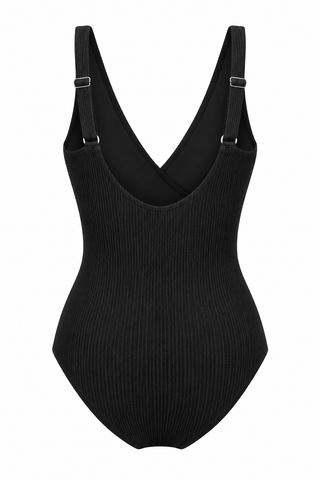 Burleigh Core Support One Piece Swim in Black Texture, flat lay back view showing the adjustable straps
