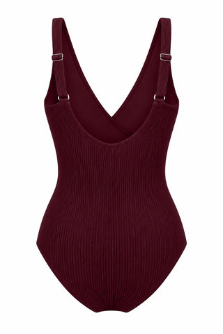 Burleigh Core Support One Piece Swim in Dark Cherry Texture, flat lay back view showing the adjustable straps