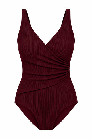 Burleigh Core Support One Piece Swim in Dark Cherry Texture, flat lay front view