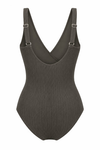 Burleigh Core Support One Piece Swim in Khaki Texture, flat lay back view showing the adjustable straps