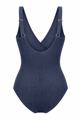 Burleigh Core Support One Piece Swim in Navy Texture, flat lay back view showing the adjustable straps
