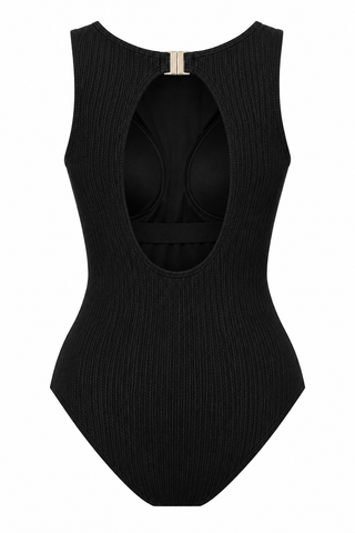 Coogee Core Support One Piece Swim in Black Texture, flat lay back view showing the open back and shelf bra
