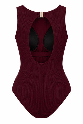 Coogee Core Support One Piece Swim in Dark Cherry Texture, flat lay back view showing the open back and shelf bra