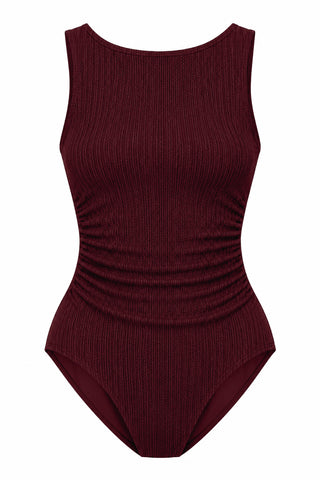 Coogee Core Support One Piece Swim in Dark Cherry Texture, flat lay front view