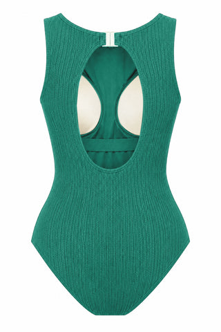 Coogee Core Support One Piece Swim in Emerald Texture, flat lay back view showing the open back and shelf bra