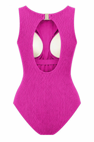 Coogee Core Support One Piece Swim in Hot Pink Texture, flat lay back view showing the open back and shelf bra