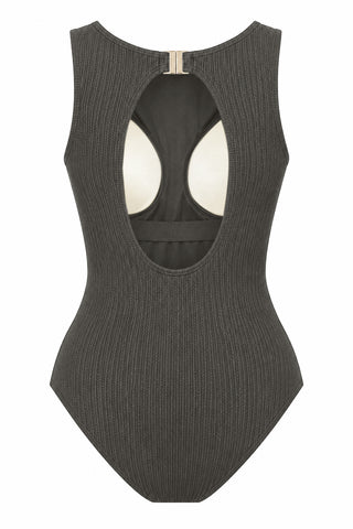 Coogee Core Support One Piece Swim in Khaki Texture, flat lay back view showing the open back and shelf bra