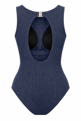 Coogee Core Support One Piece Swim in Navy Texture, flat lay back view showing the open back and shelf bra