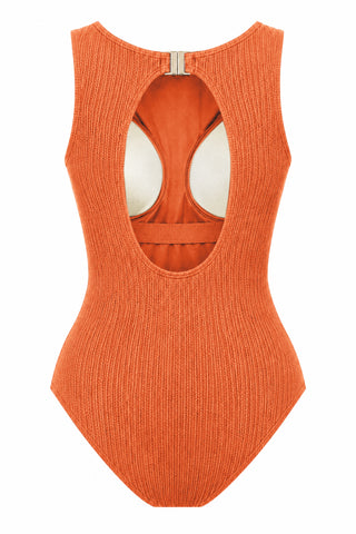 Coogee Core Support One Piece Swim in Orange Pop Texture, flat lay back view showing the open back and shelf bra
