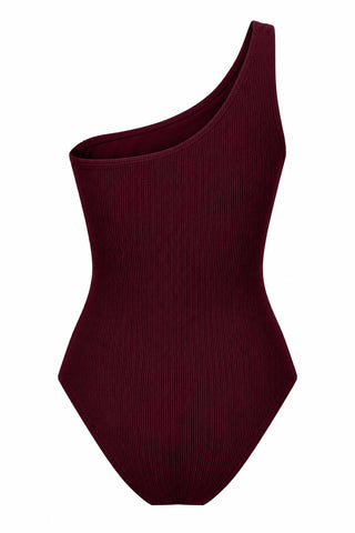 Esperance Core Support One Piece Swim in Dark Cherry Texture, flat lay back view