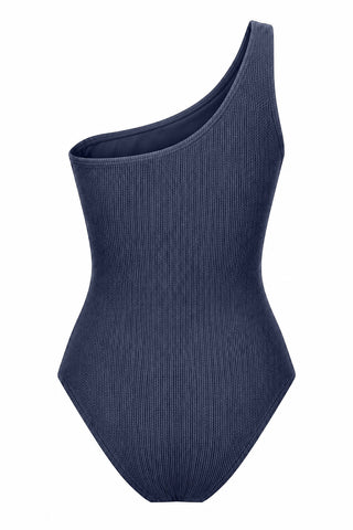 Esperance Core Support One Piece Swim in Navy Texture, side flat lay showing the one shoulder strap.