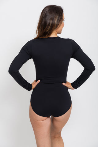 Sculpt Crew Neck Bodysuit in Black, close up back view over the shoulder.