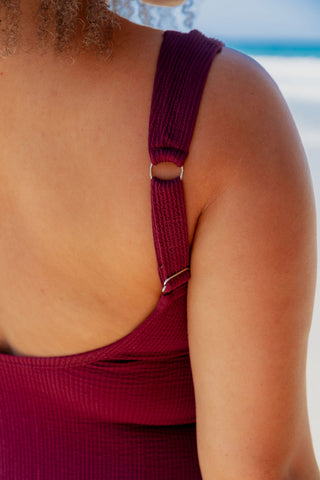 Sorrento Core Support One Piece Swim in Dark Cherry Texture, close up of the wide adjustable strap at the back