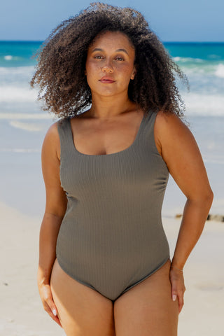 Sorrento Core Support One Piece Swim in Khaki Texture, front view on model showing the scoop neckline and wide straps