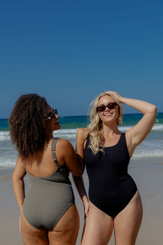 Sorrento Core Support One Piece Swim in Khaki Texture, back view on model beside a second model in Black