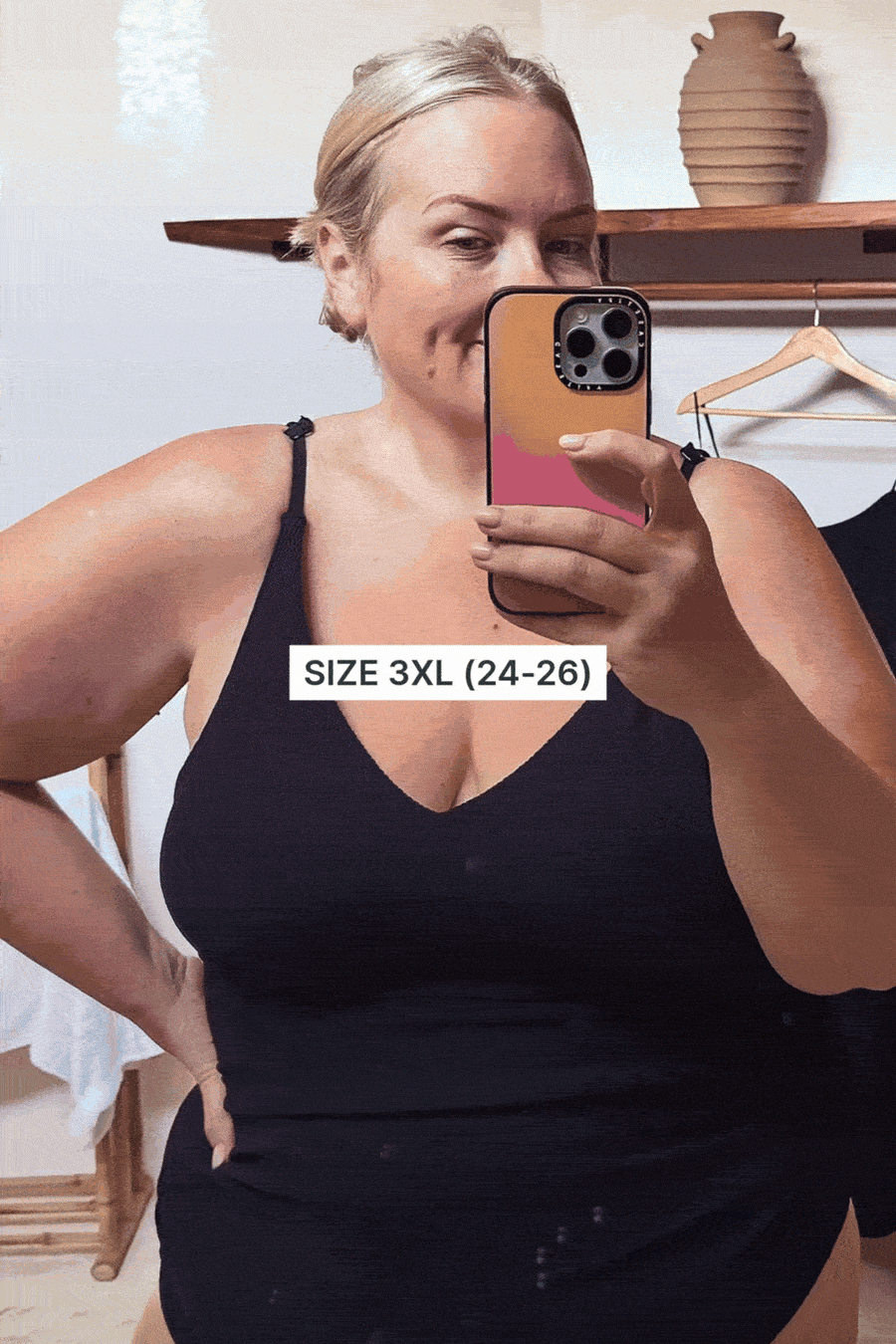 Coolum Core Support One Piece Swim in Black Texture, customer mirror selfie wearing size 3XL (24-26).