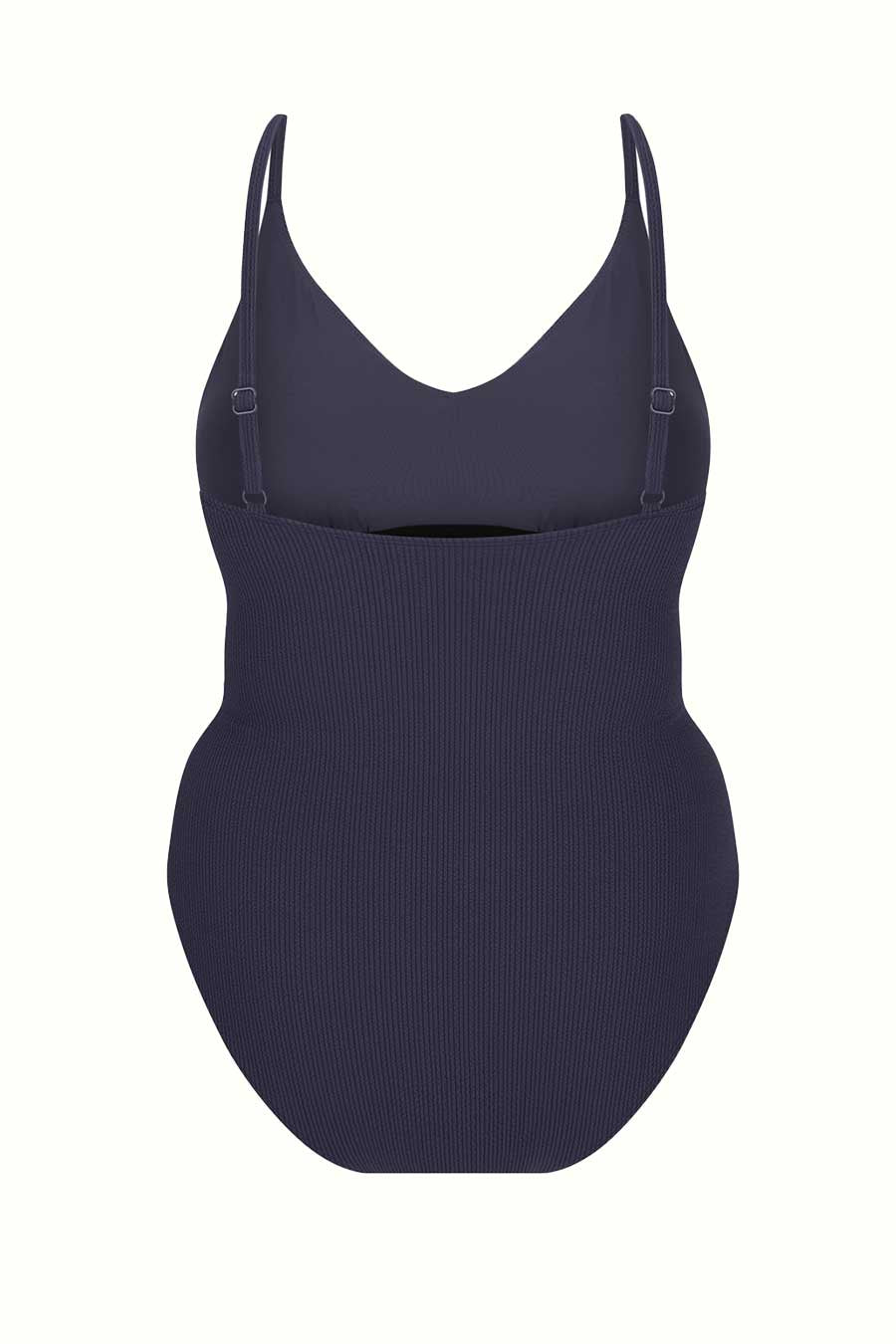 Coolum Core Support One Piece Swim in Navy Texture, front flat lay close up on adjustable strap clips below the V neckline.