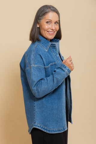 Women's Denim Shacket in Mid Blue Wash, view 7