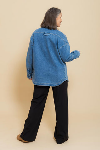 Women's Denim Shacket in Mid Blue Wash, view 8