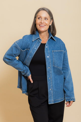 Women's Denim Shacket in Mid Blue Wash