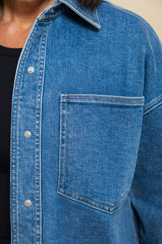 Women's Denim Shacket in Mid Blue Wash, view 3