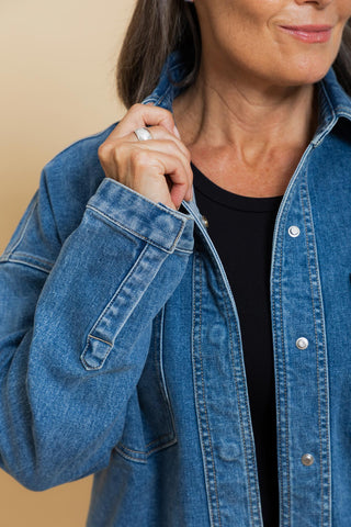 Women's Denim Shacket in Mid Blue Wash, view 6