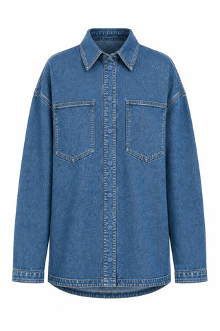 Women's Denim Shacket in Mid Blue Wash ghost flat lay