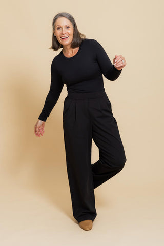 Sculpt Crew Neck Bodysuit in black styled with Motion Wide Leg Tailored Pant