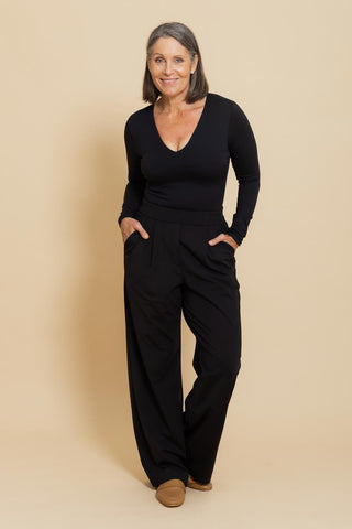 Sculpt V Neck Bodysuit in black styled with Active Truth bottoms
